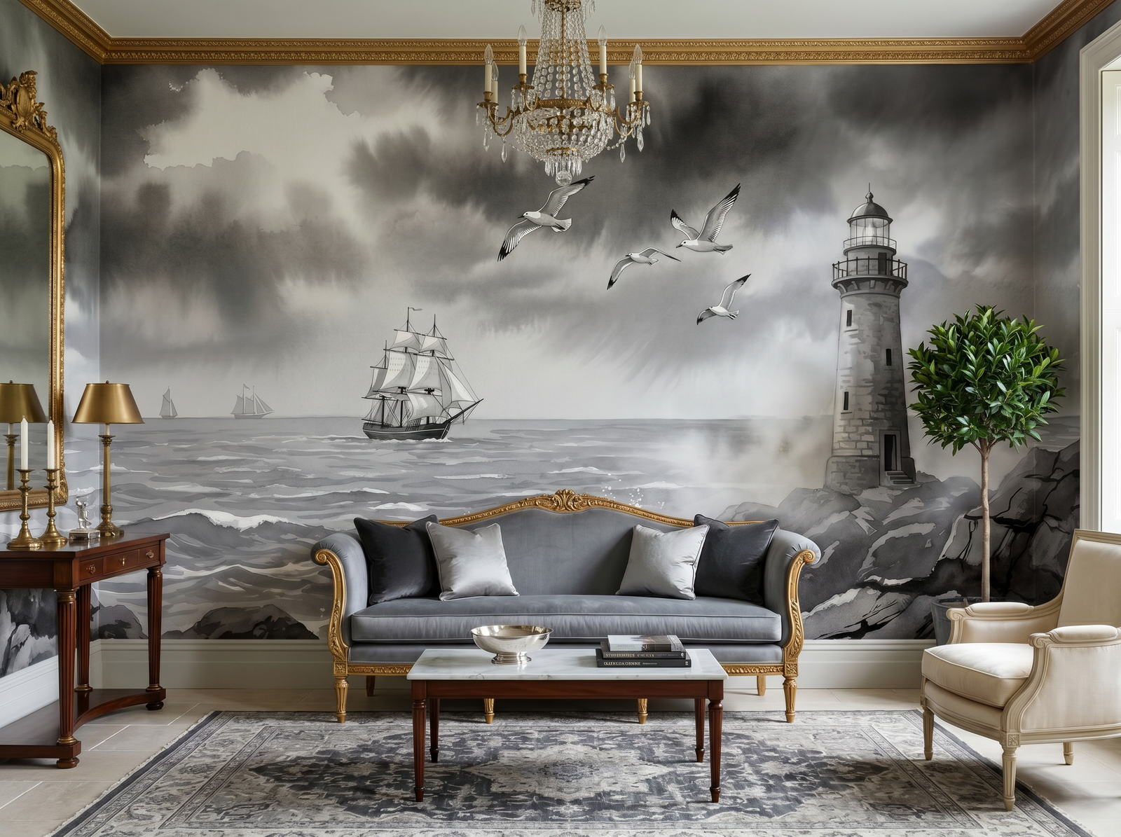 Seascape Grisaille scenic wallpaper mural on the feature wall of a coastal bathroom, in a warm neutral palette — The Wall Shawl.