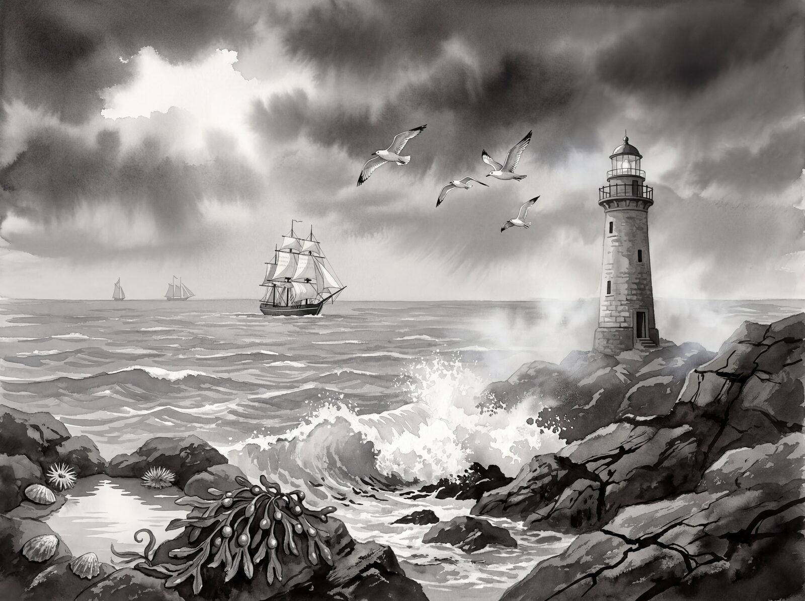 Grisaille seascape mural with Foam White, Sea Silver, Wave Grey, Storm Dark, Rock Black. Made to order.