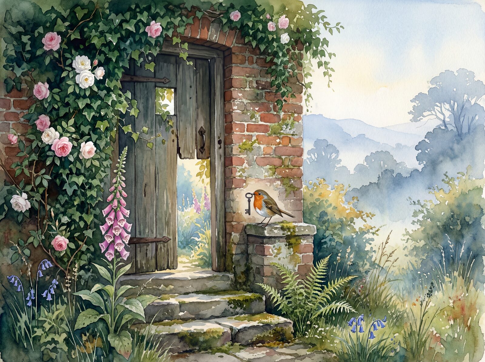 Mural wallpaper featuring a hidden garden door with ivy, roses, and overgrown trees in shades of green, pink, and purple. Made to order.