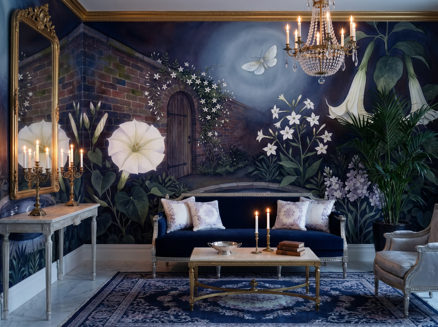 Secret Night Garden scenic wallpaper mural on the feature wall of an English-country bedroom, in a moody black-and-charcoal palette — The Wall Shawl.