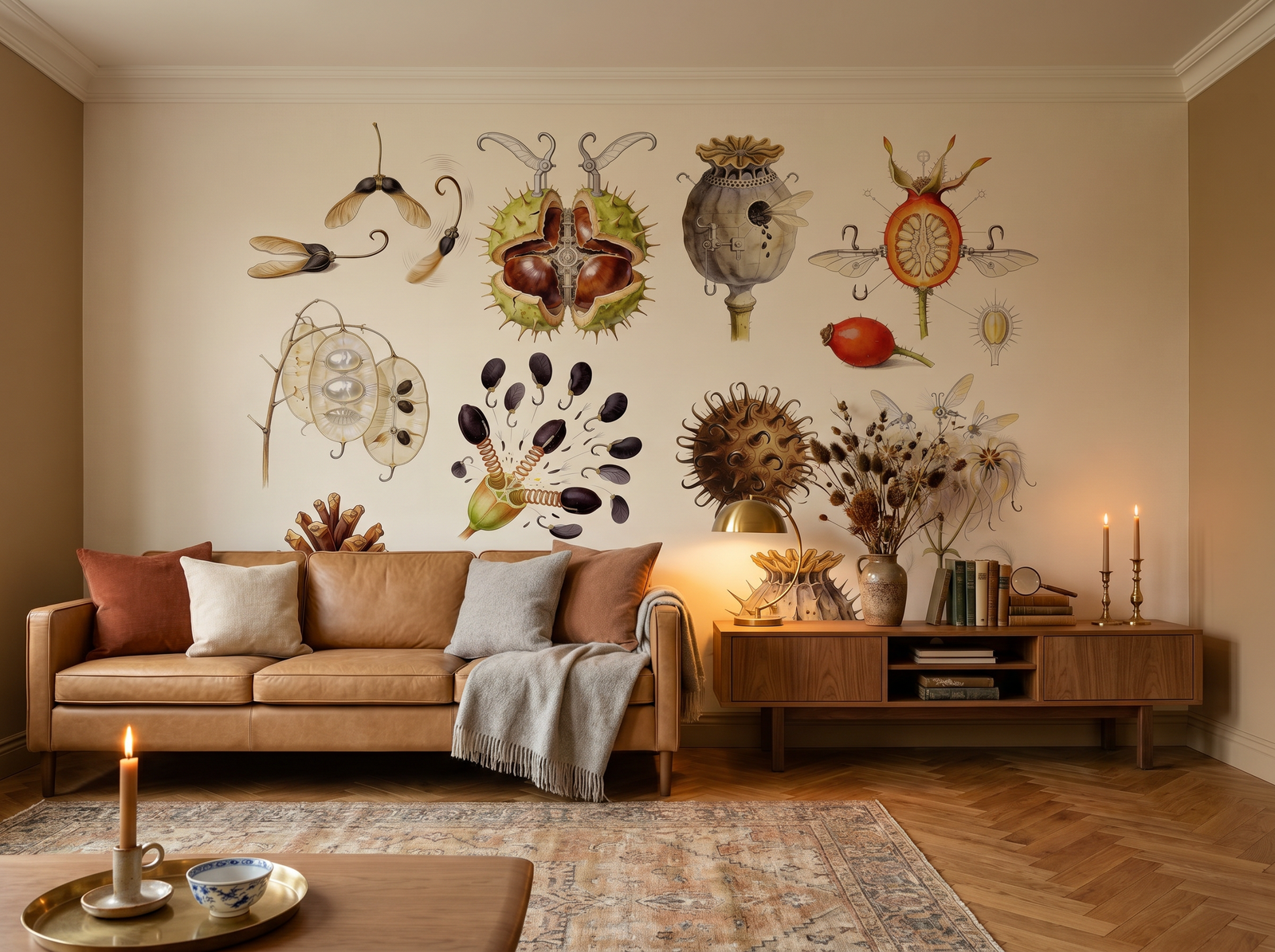 Seed Pods & Fruit scenic wallpaper mural on the feature wall of an English-country study, in a soft grey palette — The Wall Shawl.