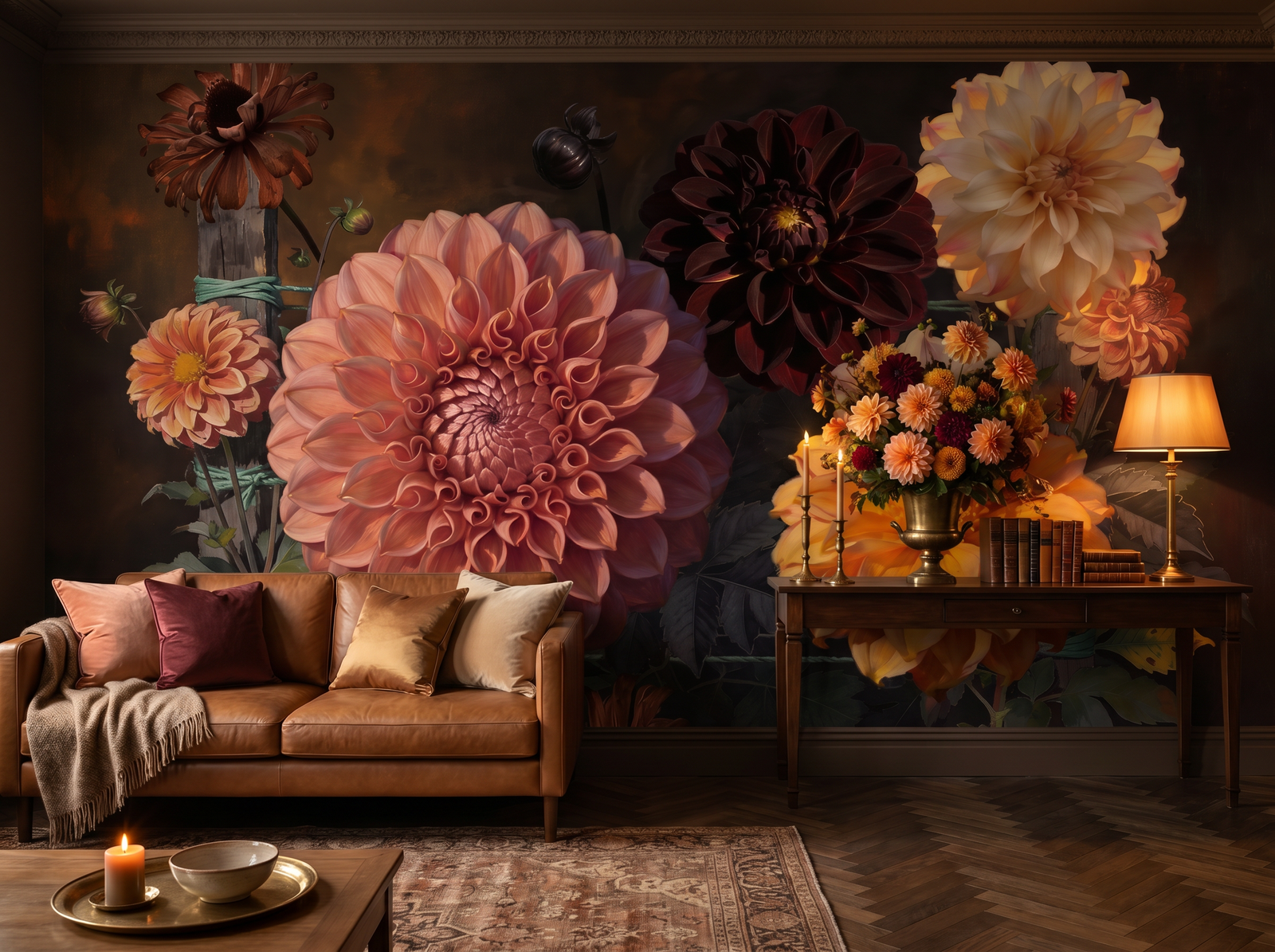 Shadow Dahlia scenic wallpaper mural on the feature wall of an English-country living room, in a moody black-and-charcoal palette — The Wall Shawl.