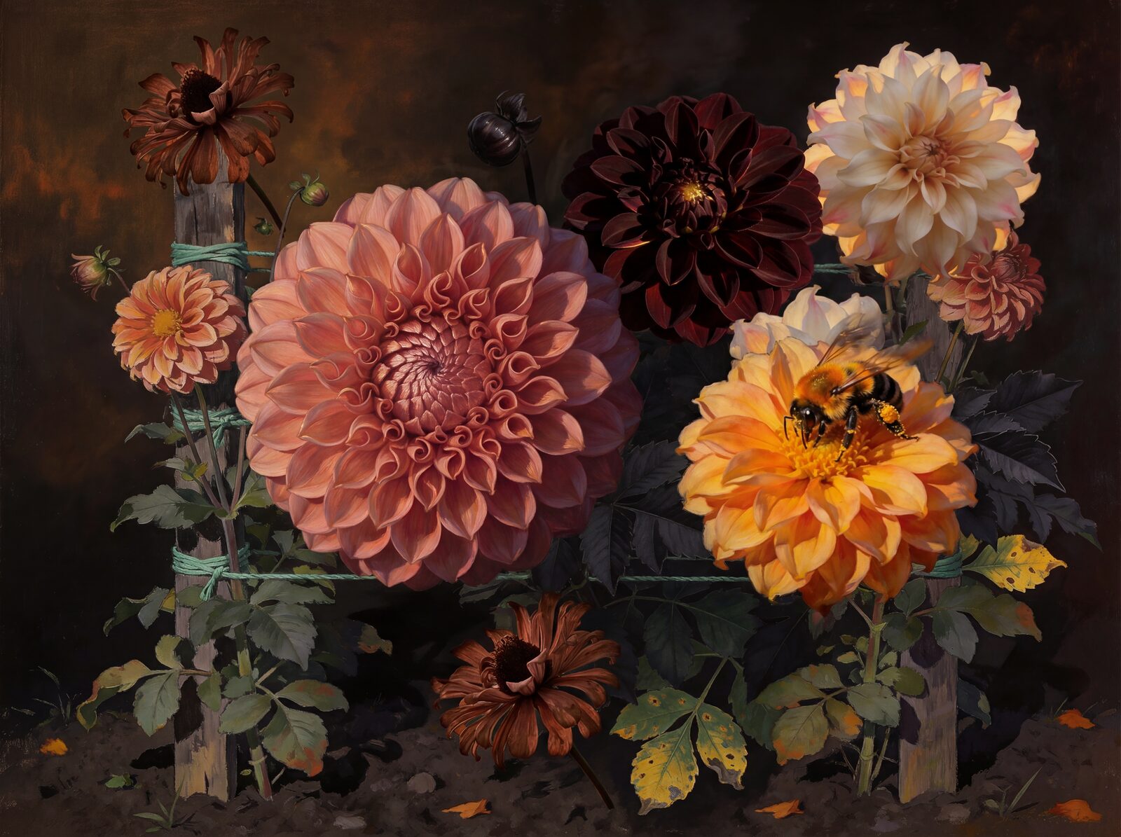 Immerse yourself in the autumnal richness of Shadow Dahlia, featuring a palette of warm near-black, dusty rose, and amber. Made to order.