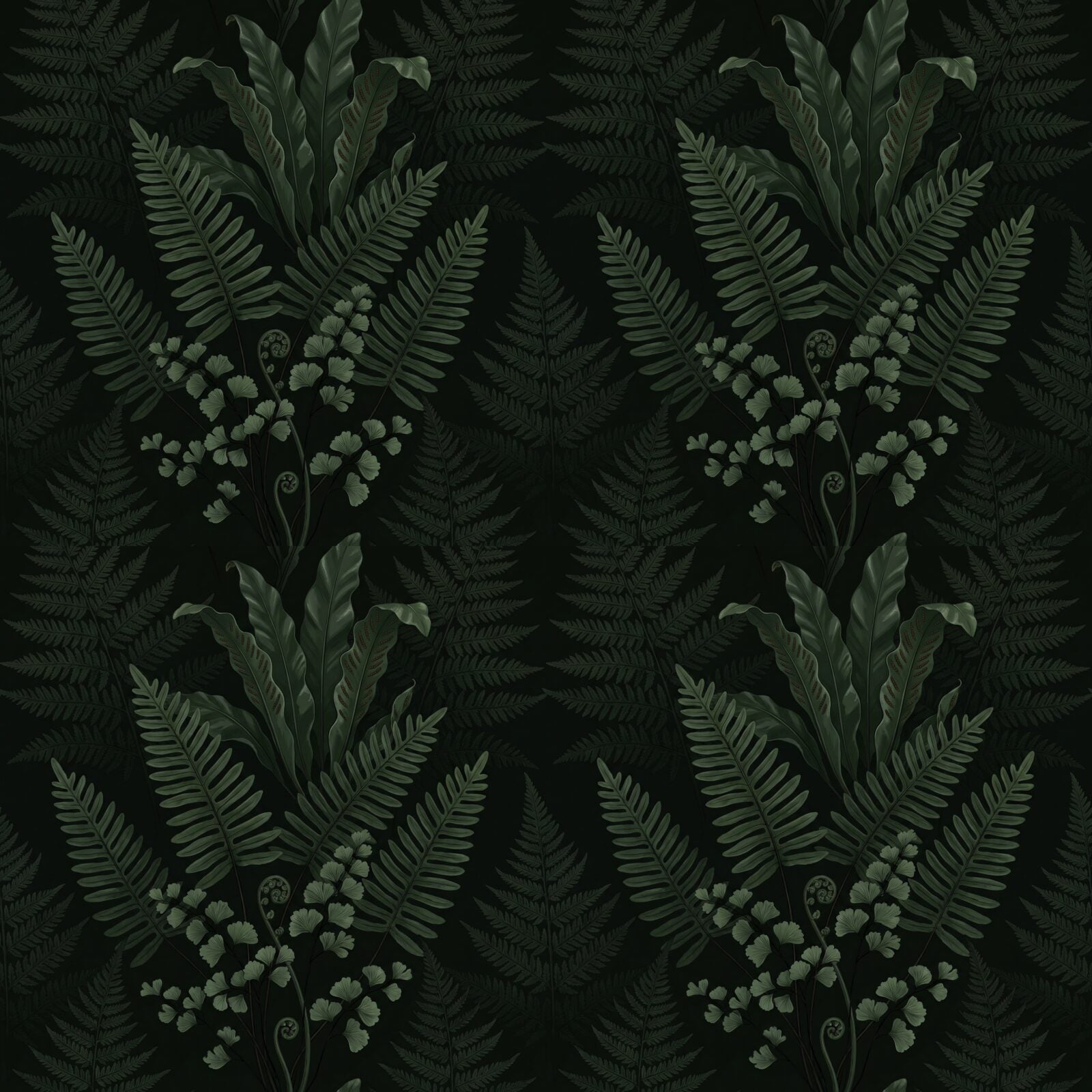 Immerse yourself in the primeval quiet of a Devonshire ravine. Deep green ferns, almost black in shadow. Made to order.