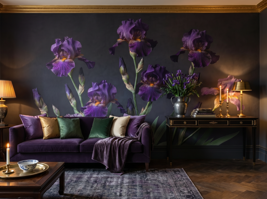 Shadow Iris scenic wallpaper mural on the feature wall of an English-country living room, in a moody black-and-charcoal palette — The Wall Shawl.