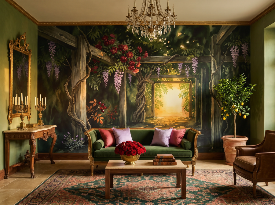 Shadow Pergola scenic wallpaper mural on the feature wall of an English-country dining room, in a moody black-and-charcoal palette — The Wall Shawl.