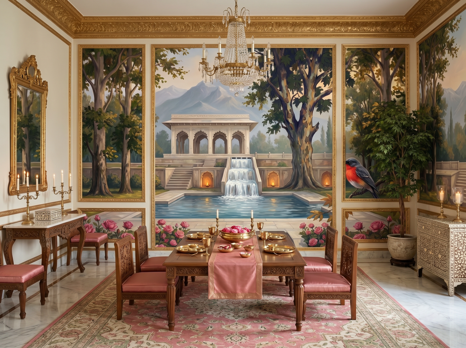 Shalimar Bagh scenic wallpaper mural on the feature wall of an eclectic entrance hall, in a cool blue palette — The Wall Shawl.