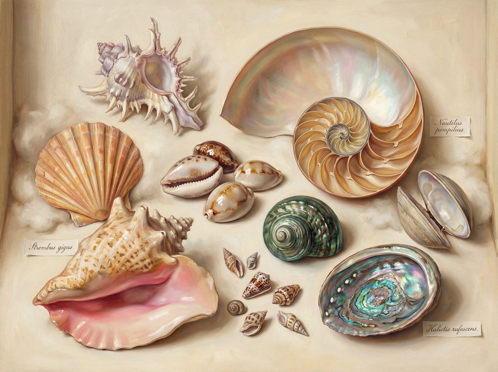 A tranquil collection of exquisitely rendered shells in soft pinks, corals, and creams. Made to order.