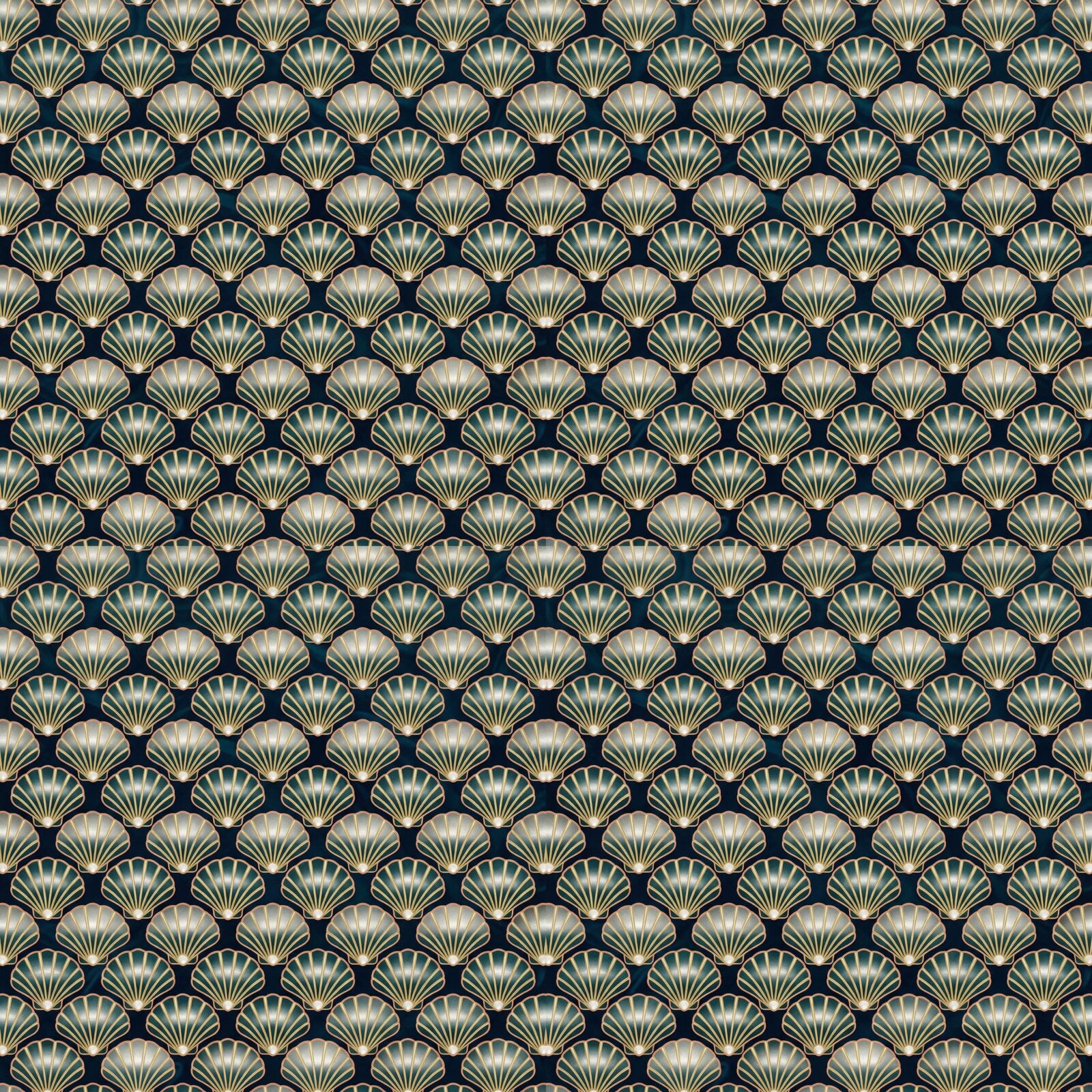 Scenic mural wallpaper in Deep Ocean, Shell Gold, and Pearl. Made to order.