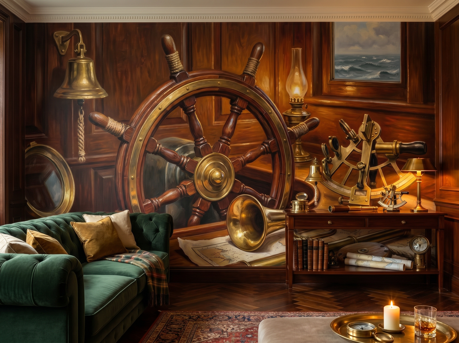 Ship's Wheel scenic wallpaper mural on the feature wall of a coastal living room, in a soft grey palette — The Wall Shawl.