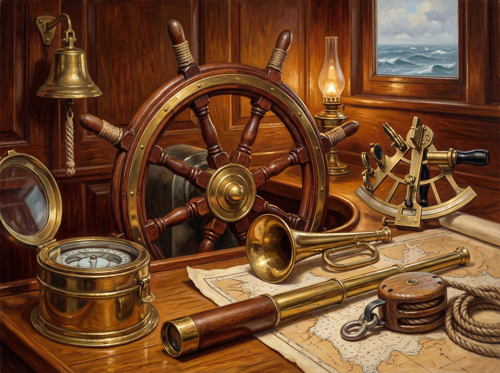Commanding tall ship's wheel mural. Rich teak, brass & ocean hues. Made to order for a bespoke fit.