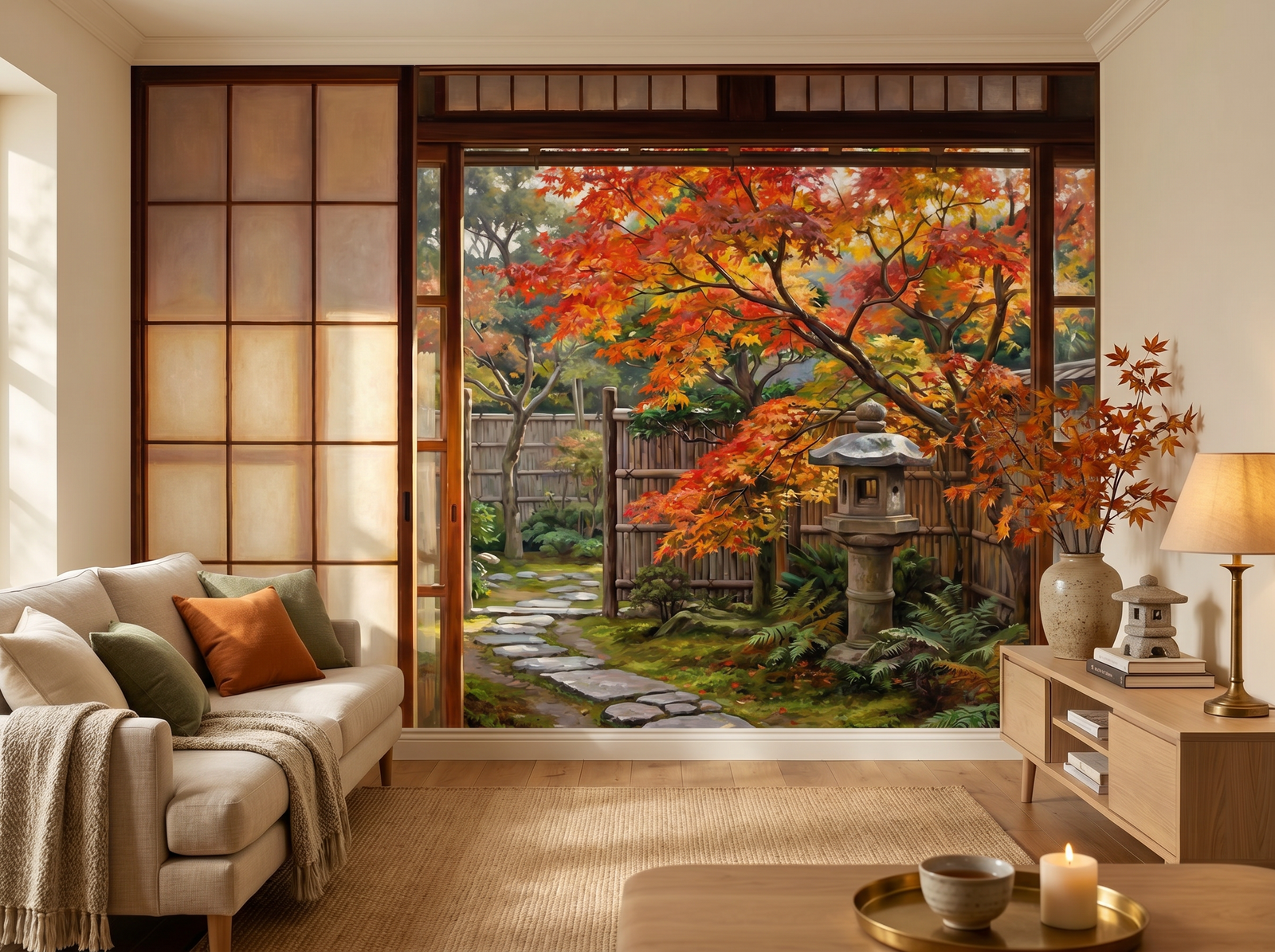 Shoji Window scenic wallpaper mural on the feature wall of a chinoiserie living room, in a soft grey palette — The Wall Shawl.