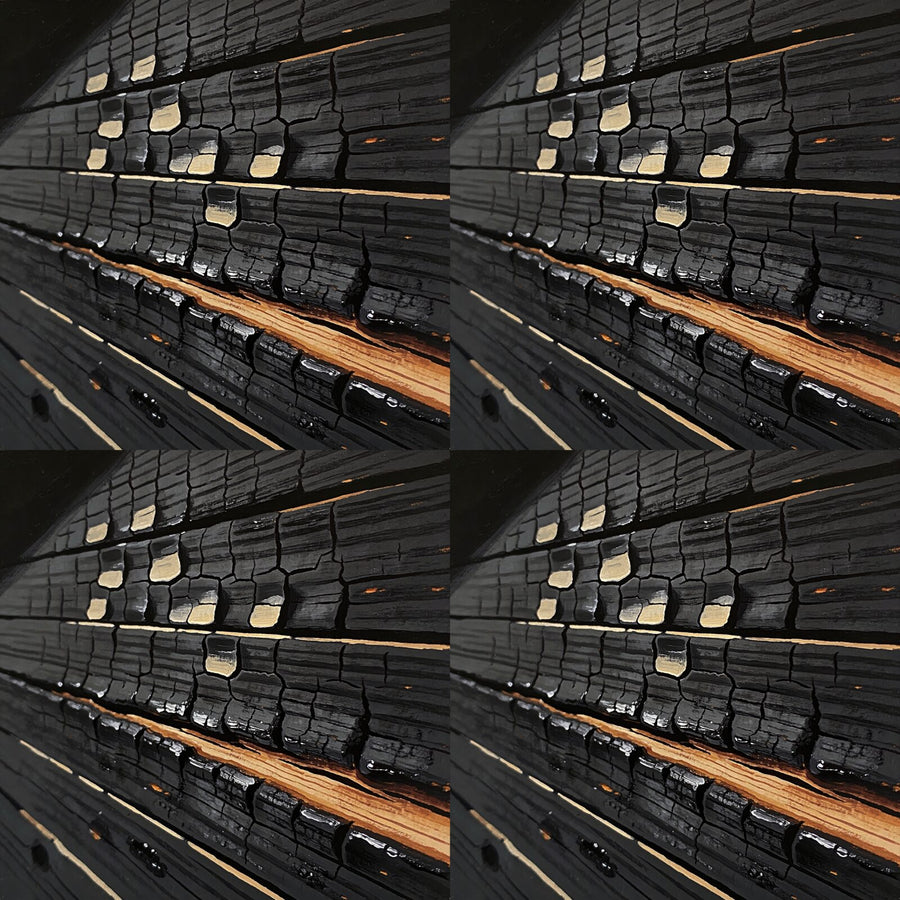 Experience the profound calm of yakisugi with this charred wood effect mural. Deep carbon blacks and rich textures. Made to order.