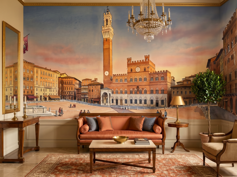 Siena Piazza scenic wallpaper mural on the feature wall of a Hollywood-Regency dining room, in a earthy terracotta-and-rust palette — The Wall Shawl.