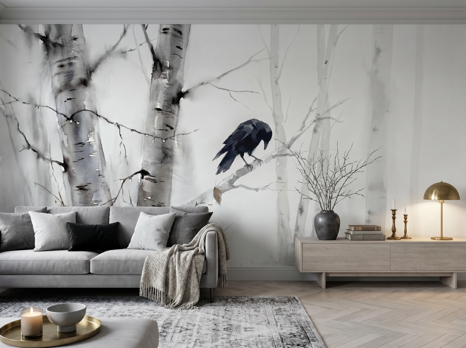 Silver Ghost Birch scenic wallpaper mural on the feature wall of a biophilic bedroom, in a warm neutral palette — The Wall Shawl.