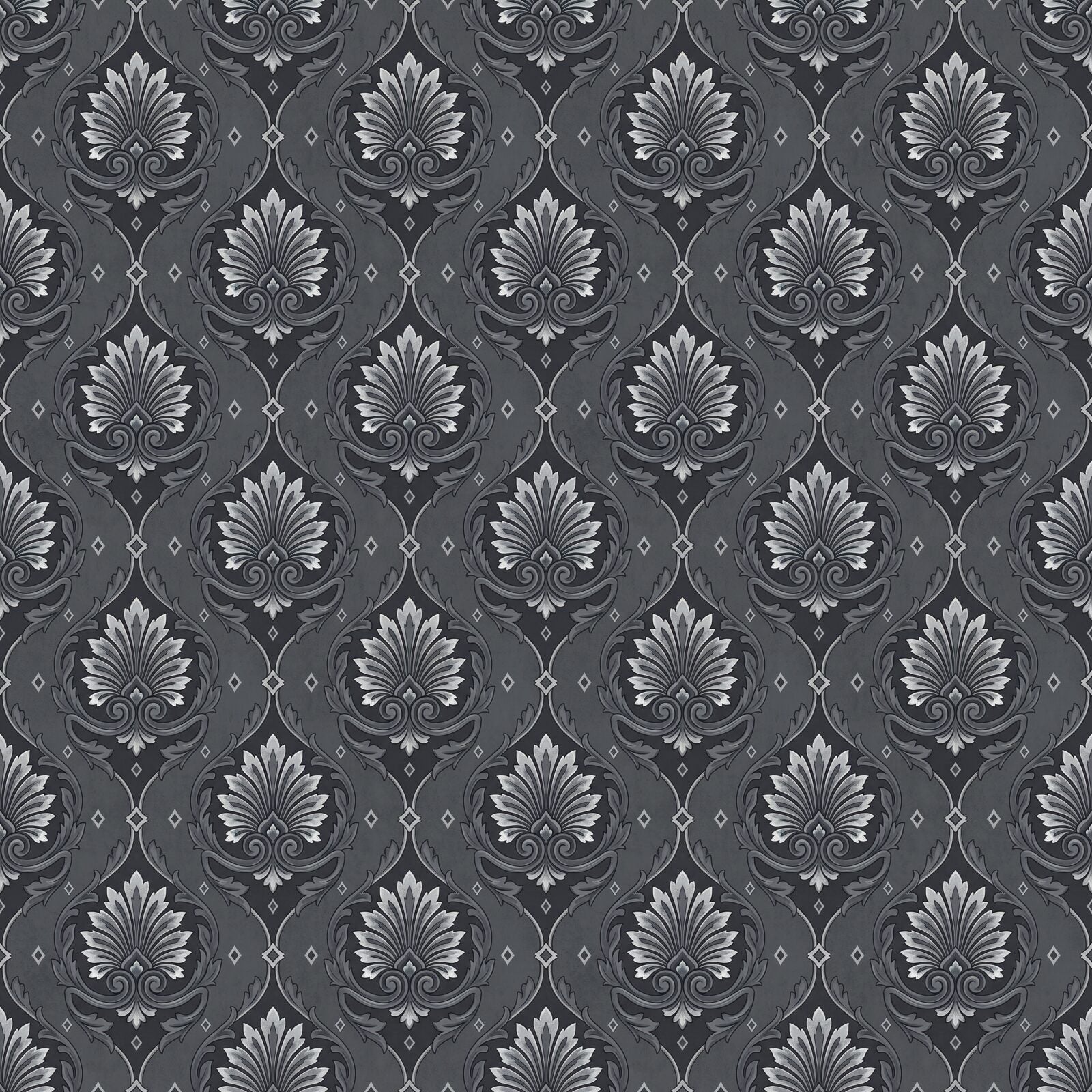 Experience the cool authority of our Silver on Charcoal damask mural. A palette of storm cloud, tarnished, bright, and gunmetal silvers. Made to order.