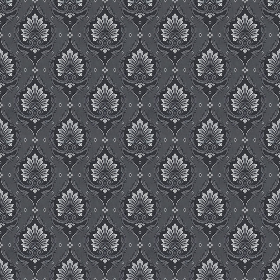 Experience the cool authority of our Silver on Charcoal damask mural. A palette of storm cloud, tarnished, bright, and gunmetal silvers. Made to order.
