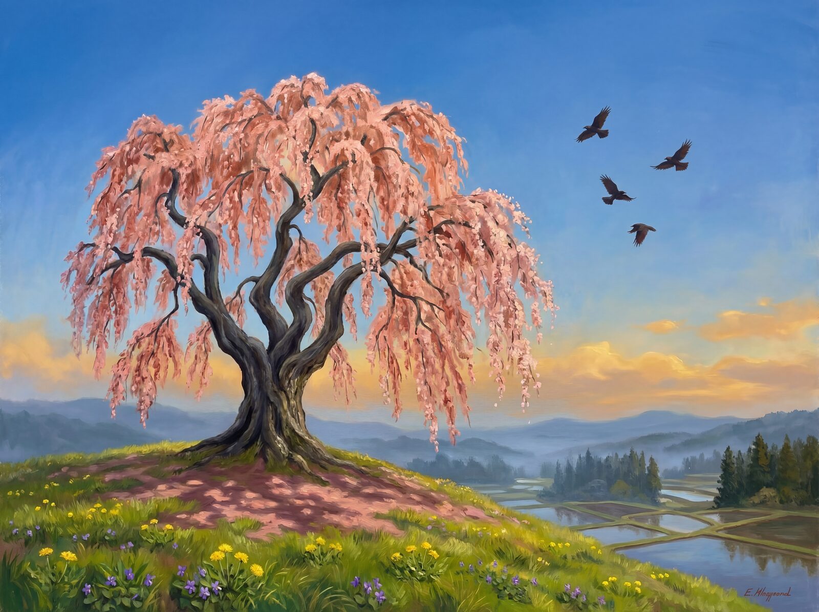 Scenic mural wallpaper featuring a solitary cherry tree in bloom, with palette including Edohigan Pink and Deep Bark. Made to order.