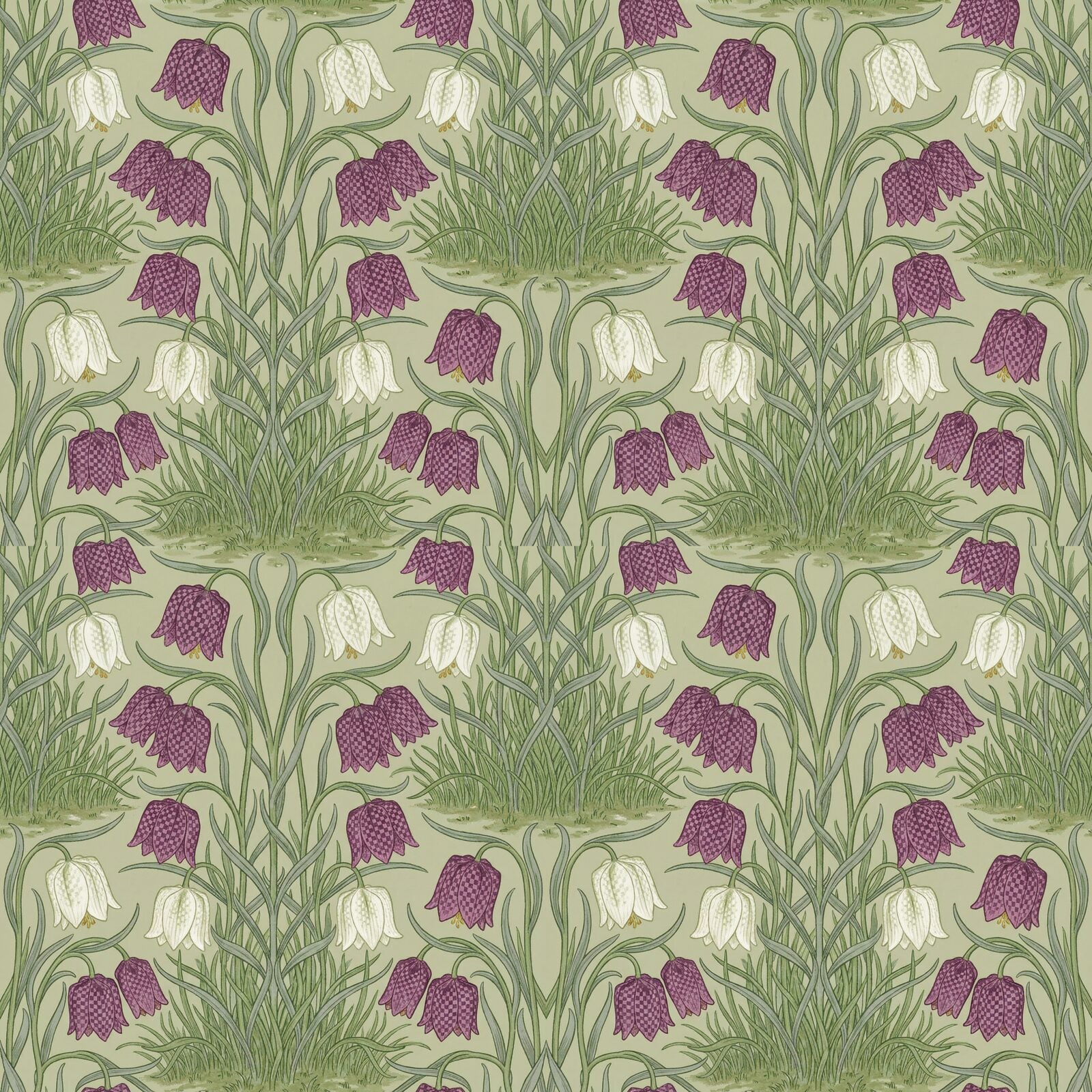 Experience the quiet beauty of Morris's Snakeshead Fritillary design. Soft sage ground, purple and white fritillaries, intricate chequer patterns. Made to order.