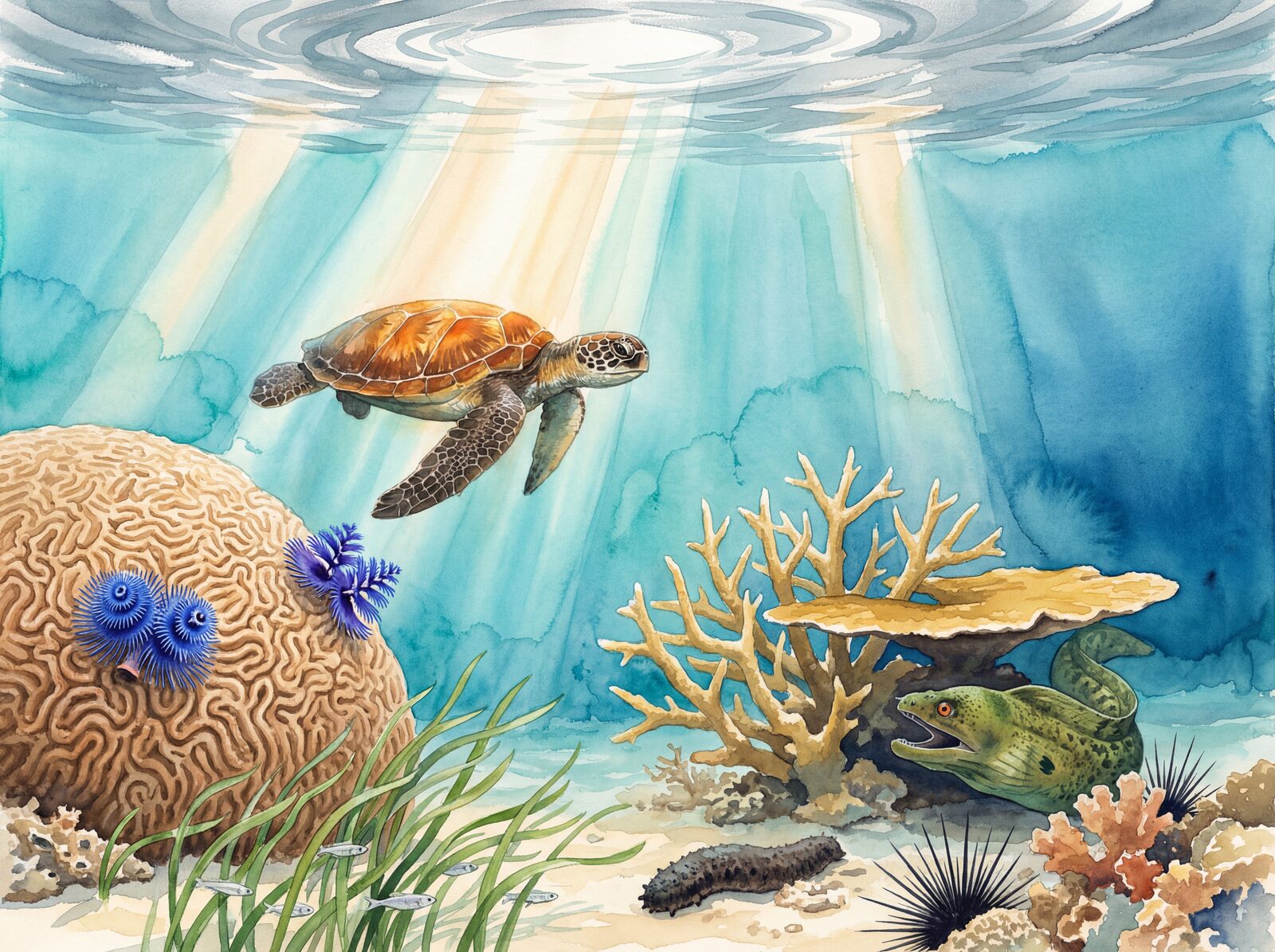 Underwater mural with sea turtle, coral, and moray eel in Water Blue-Green, Turtle Olive, and Staghorn Gold. Made to order.