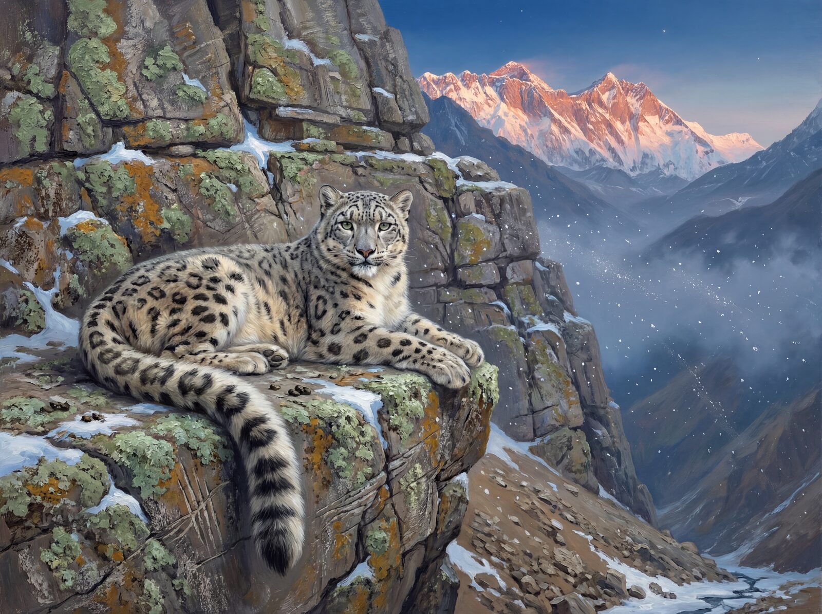 Scenic mural wallpaper featuring a snow leopard in the Himalayas, with a palette of Leopard Grey, Rosette Brown, and High Sky. Made to order.
