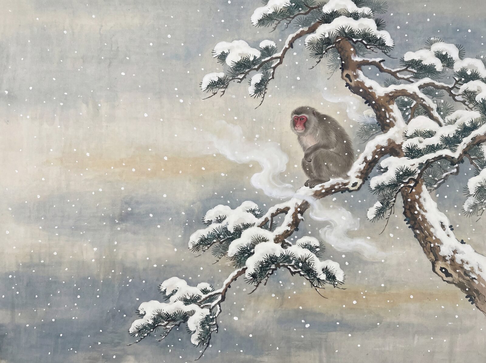 Winter scene with dark pine, snow, and macaque. Made to order.