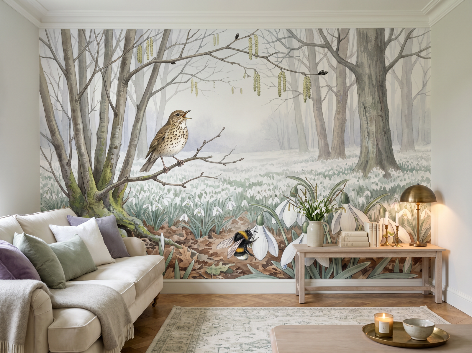 Snowdrop Wood scenic wallpaper mural on the feature wall of an English-country living room, in a verdant green palette — The Wall Shawl.