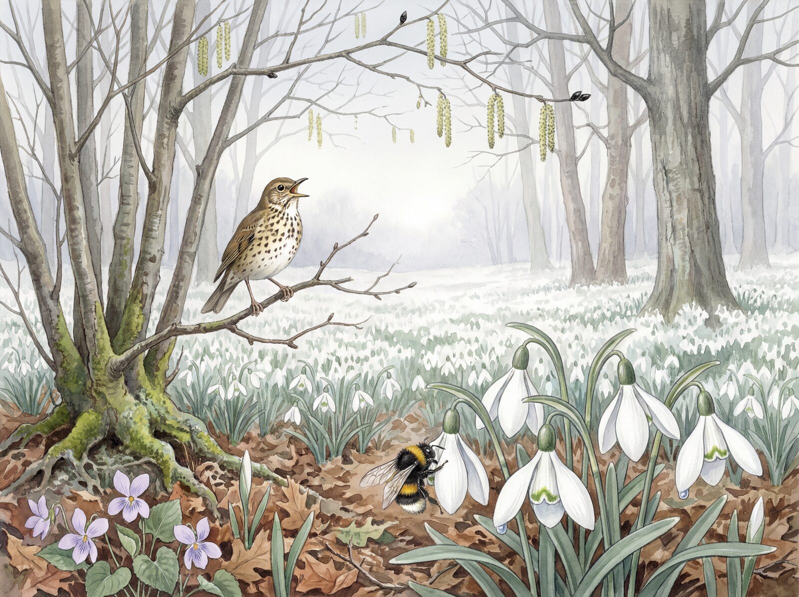 Scenic mural wallpaper featuring snowdrops in a winter wood, with a palette of whites, greys, and greens. Made to order.
