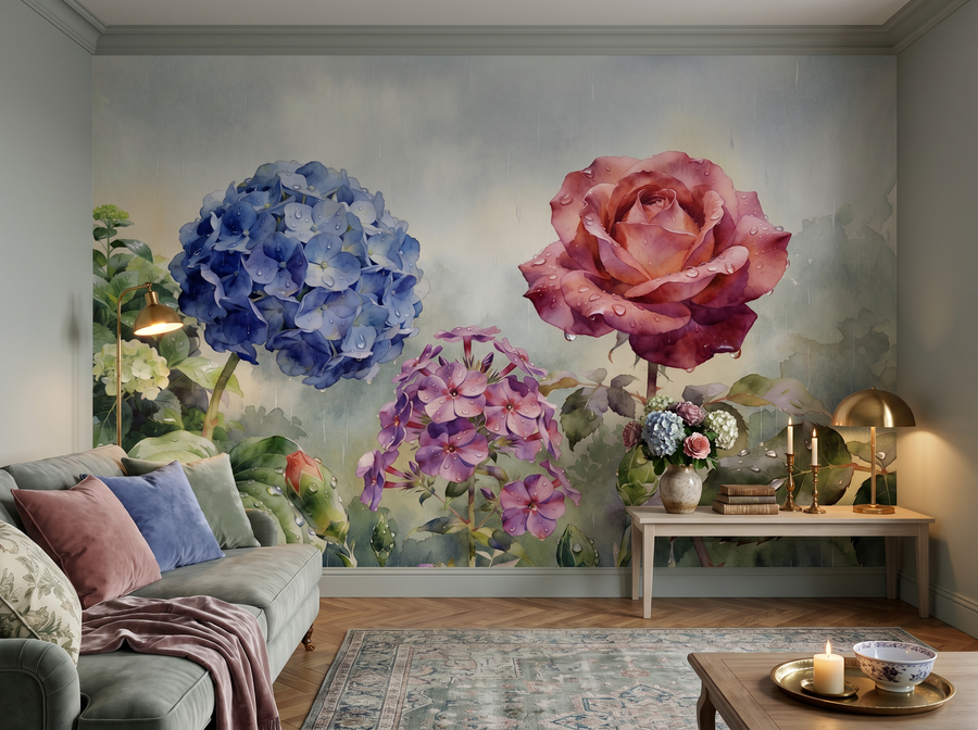Soft Garden Rain scenic wallpaper mural on the feature wall of an English-country living room, in a soft pink-and-blush palette — The Wall Shawl.