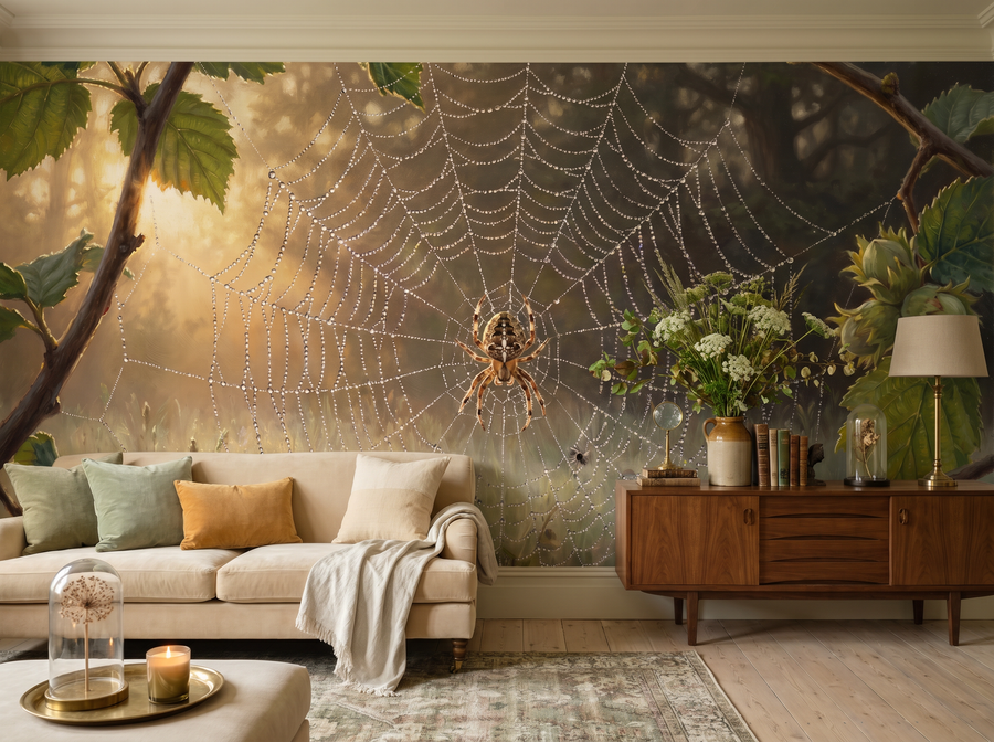Spider Web Morning scenic wallpaper mural on the feature wall of an English-country living room, in a soft grey palette — The Wall Shawl.