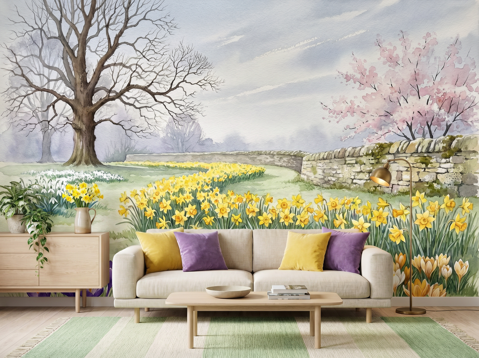 Spring Bulb Lawn scenic wallpaper mural on the feature wall of an English-country bedroom, in a warm brown-and-taupe palette — The Wall Shawl.