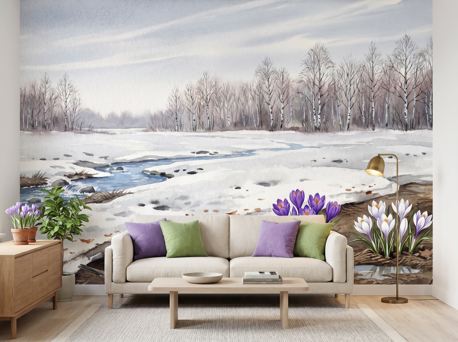 Spring Melt scenic wallpaper mural on the feature wall of an English-country entrance hall, in a cool blue palette — The Wall Shawl.