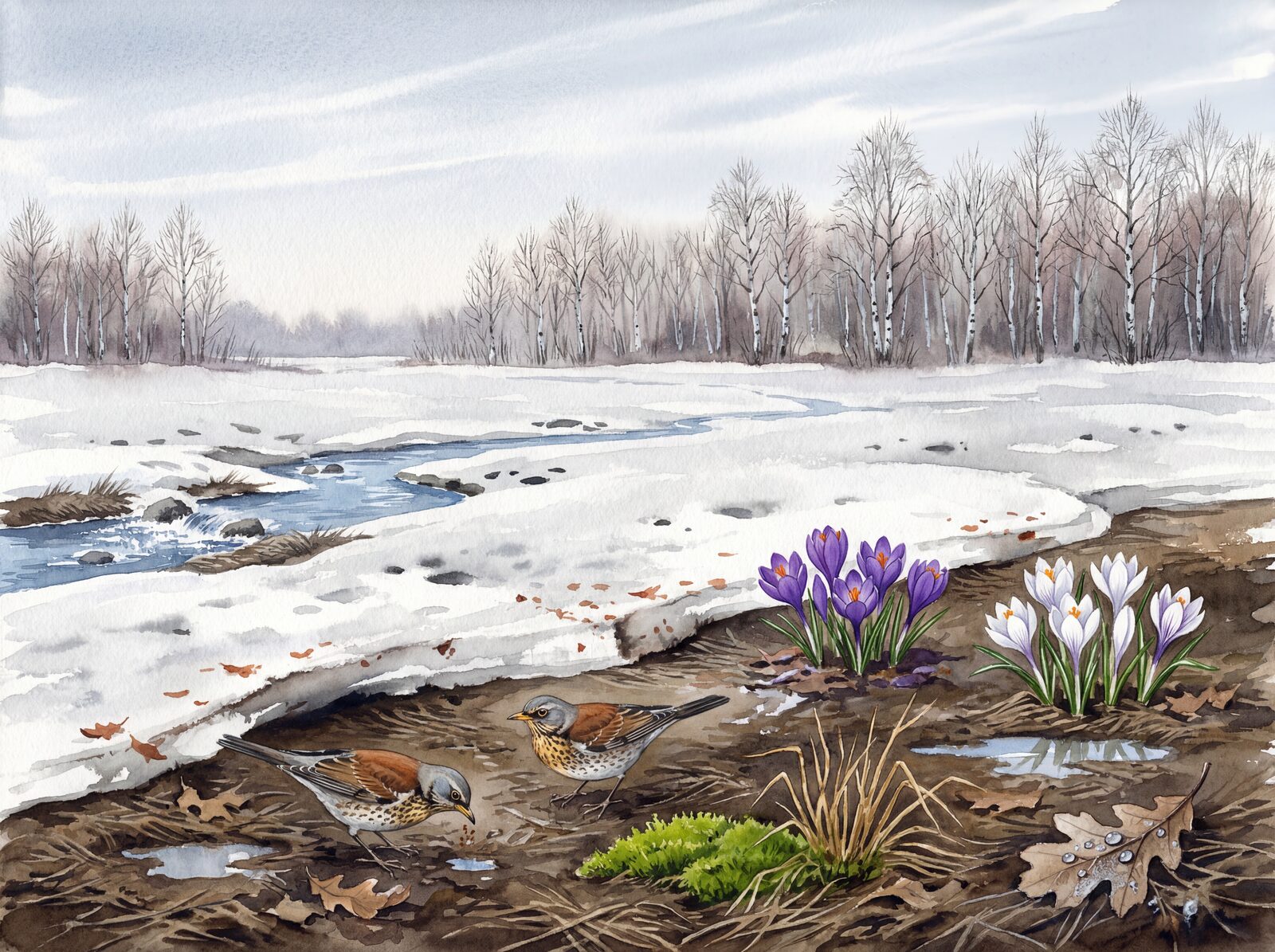 Scenic mural wallpaper featuring a palette of Melt Snow, Meltwater, and First Green. Made to order.