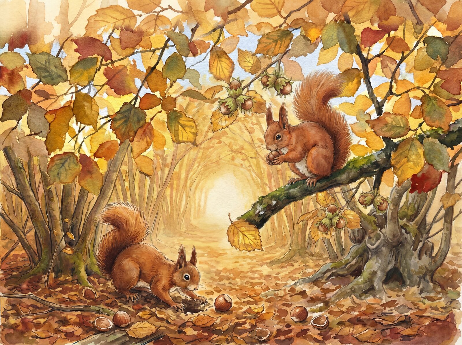 Scenic mural wallpaper featuring a red squirrel in a hazel coppice with warm autumn palette. Made to order.