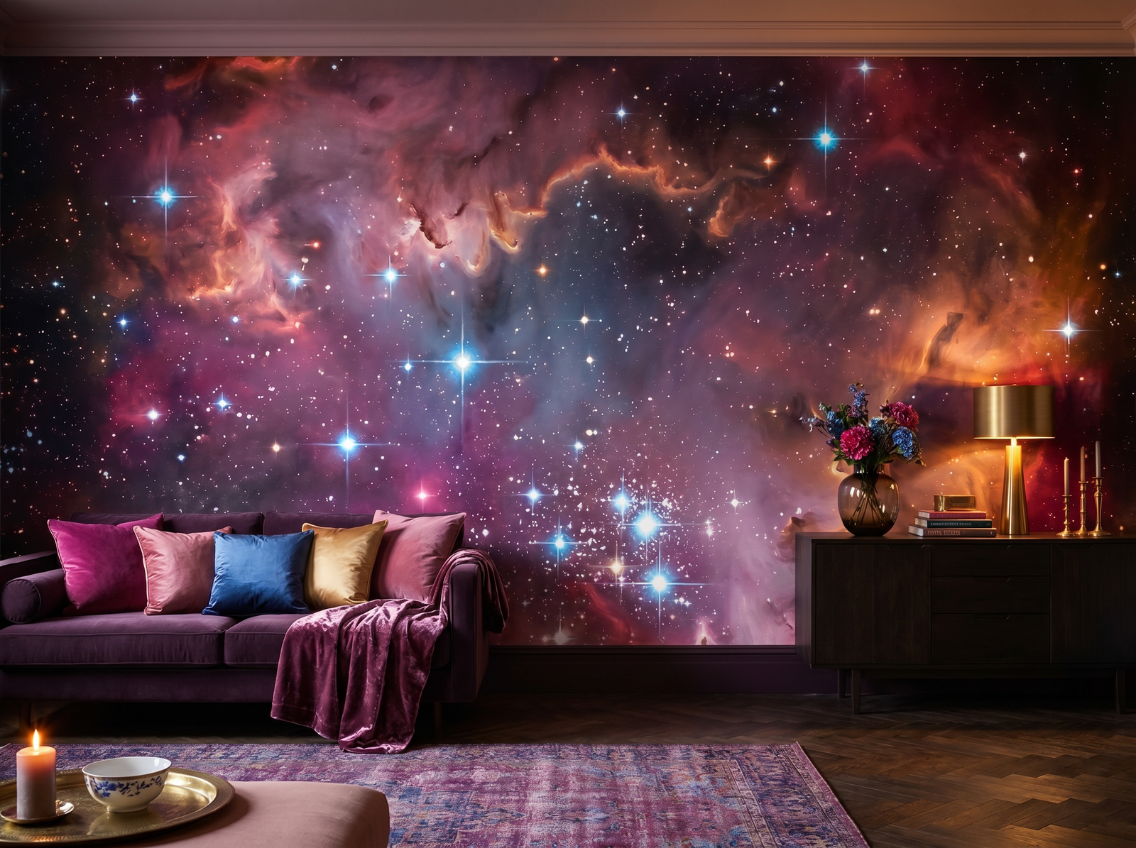 Star Cluster scenic wallpaper mural on the feature wall of a maximalist bedroom, in a moody black-and-charcoal palette — The Wall Shawl.