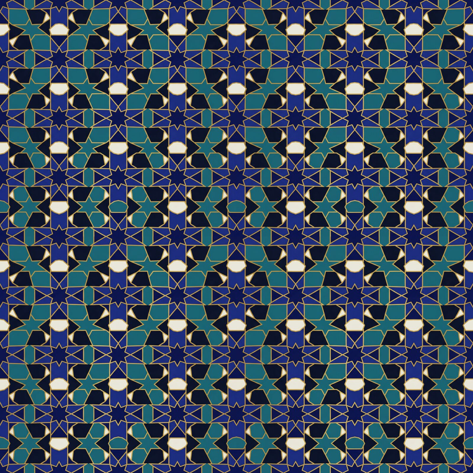 Immerse yourself in the hypnotic precision of an Islamic geometric star pattern in cobalt, turquoise, and gold. Made to order.