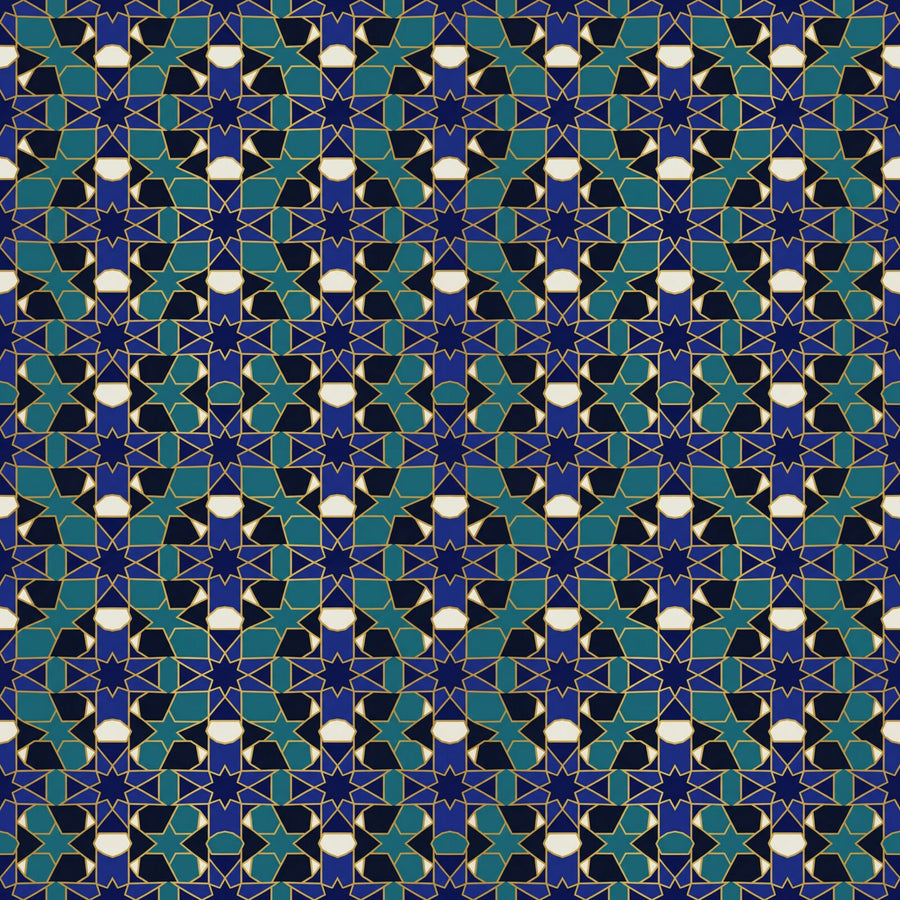 Immerse yourself in the hypnotic precision of an Islamic geometric star pattern in cobalt, turquoise, and gold. Made to order.