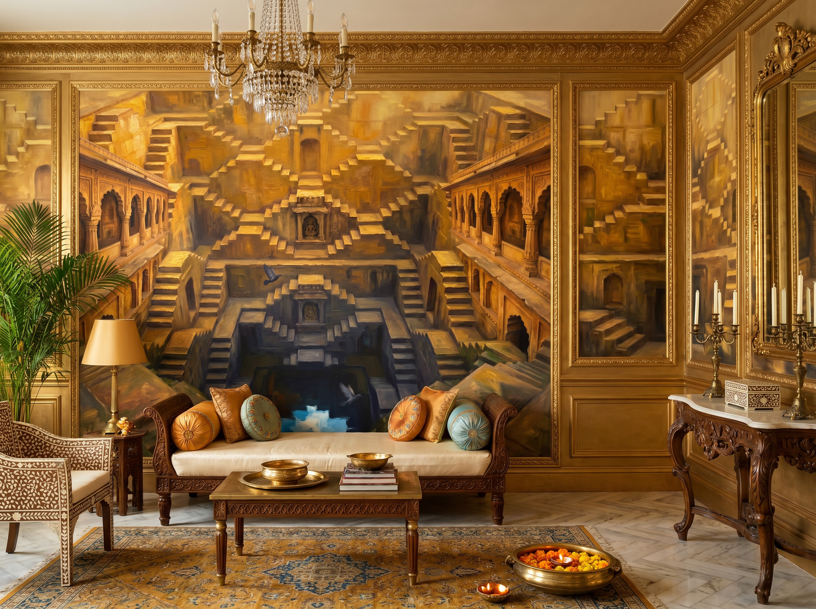 Step Well scenic wallpaper mural on the feature wall of an eclectic living room, in a warm brown-and-taupe palette — The Wall Shawl.