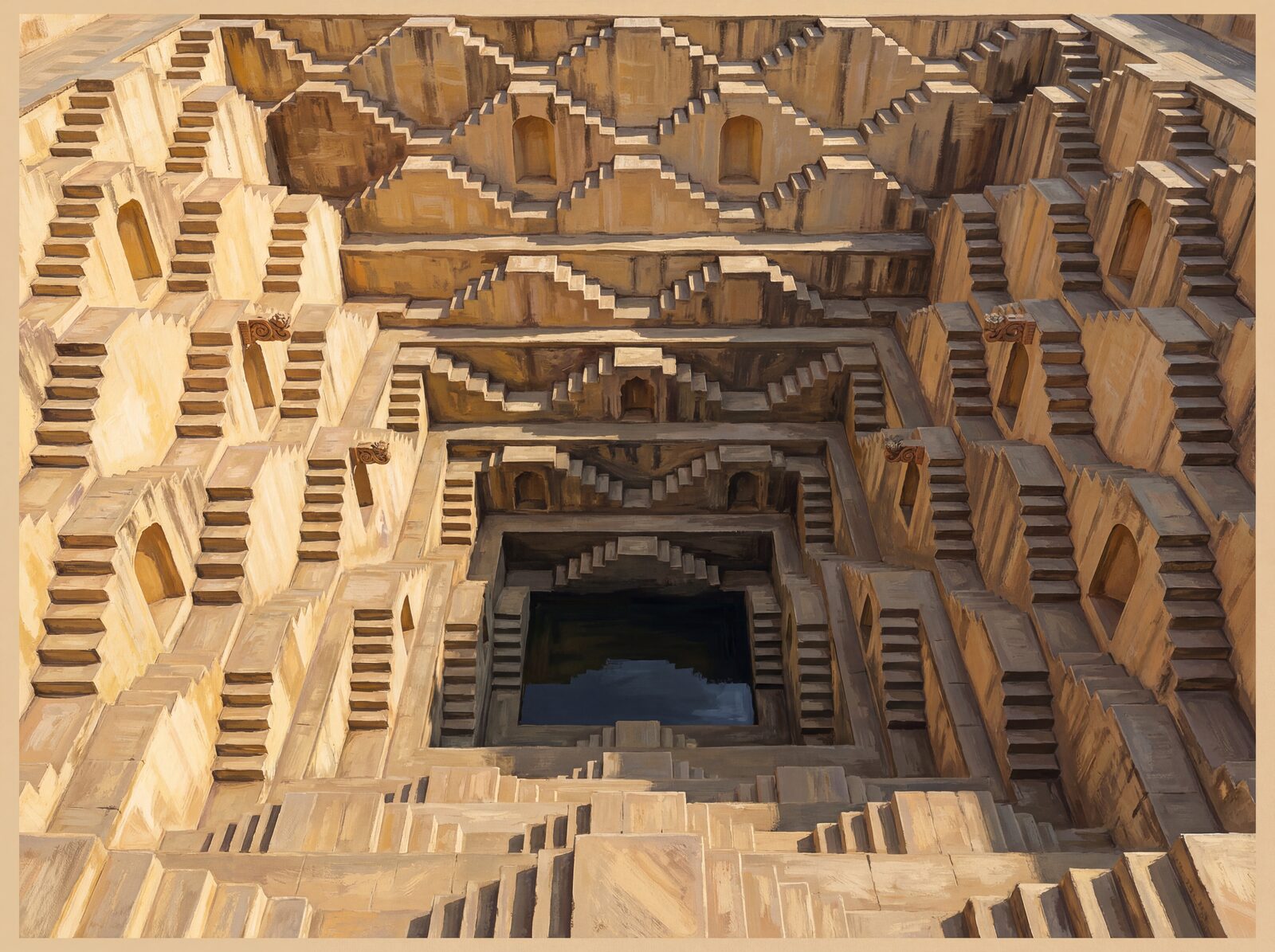 Descend into the mesmerising geometry of an ancient Indian step well, rendered in warm sandstone and deep shadow. Made to order.