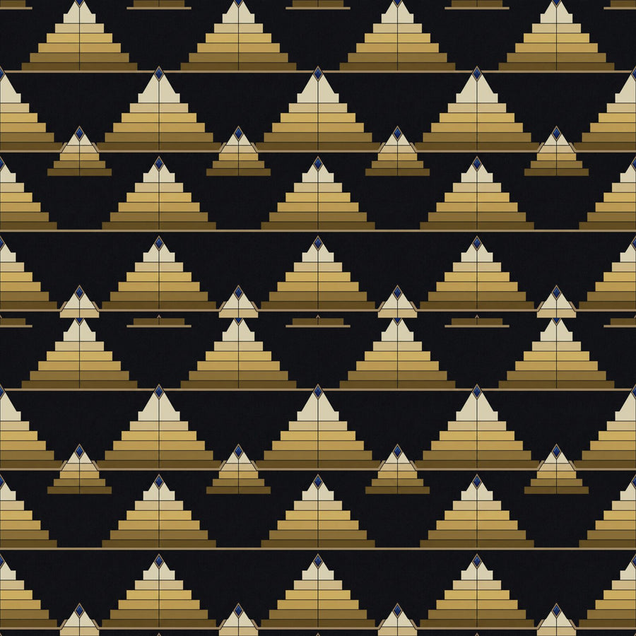 Experience monumental calm with our Stepped Pyramid mural, featuring Pharaoh Black, Sand Gold, and Lapis Blue. Made to order.