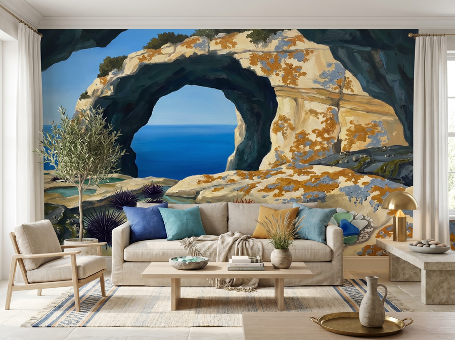 Stone Arch Sea scenic wallpaper mural on the feature wall of a coastal living room, in a soft grey palette — The Wall Shawl.