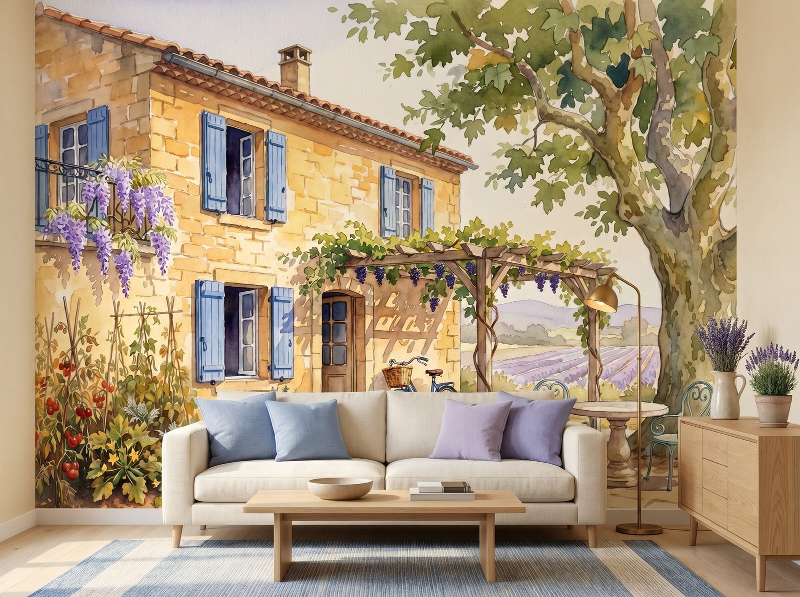 Stone Mas scenic wallpaper mural on the feature wall of a Mediterranean kitchen, in a soft grey palette — The Wall Shawl.