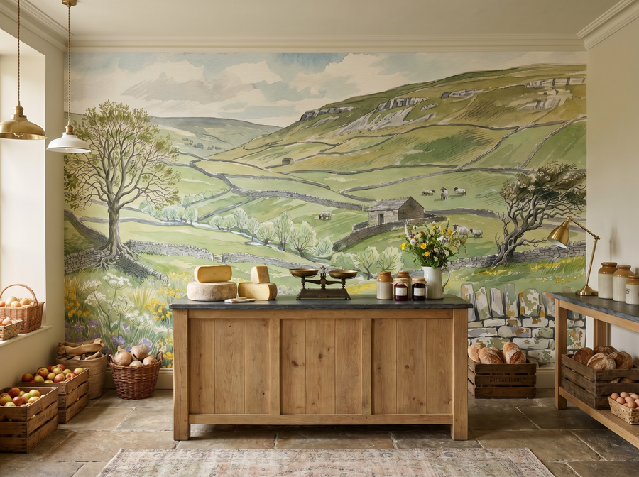 Stone Wall Country scenic wallpaper mural on the feature wall of an English-country living room, in a verdant green palette — The Wall Shawl.