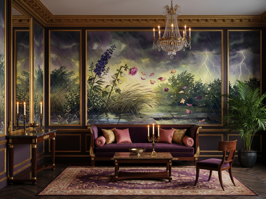 Storm Garden scenic wallpaper mural on the feature wall of an English-country living room, in a moody black-and-charcoal palette — The Wall Shawl.