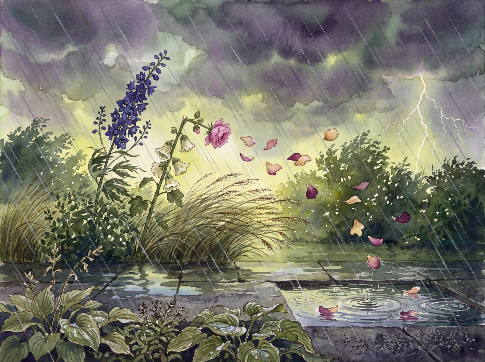 Immersive scenic mural with Storm Dark, Bruise Sky, and Storm Green hues. Made to order.