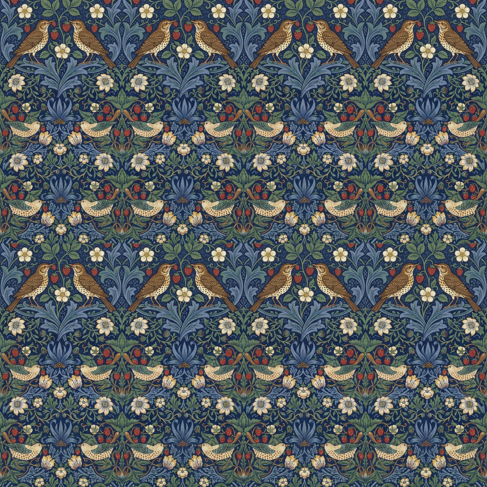 Immerse yourself in Morris's iconic Strawberry Thief. Indigo, madder red, and weld yellow dance in this Arts & Crafts masterpiece. Made to order.