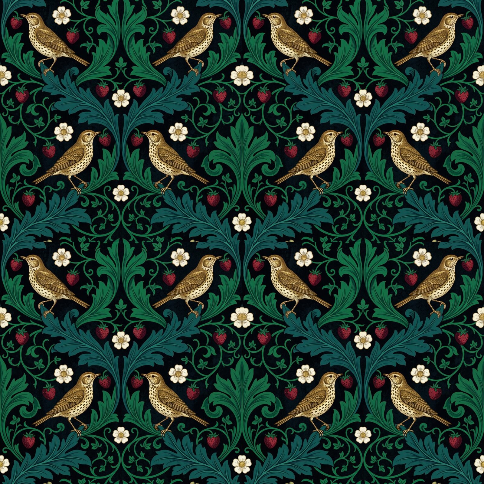 Morris's iconic Strawberry Thief reborn on a midnight black ground with jewel tones. Made to order.