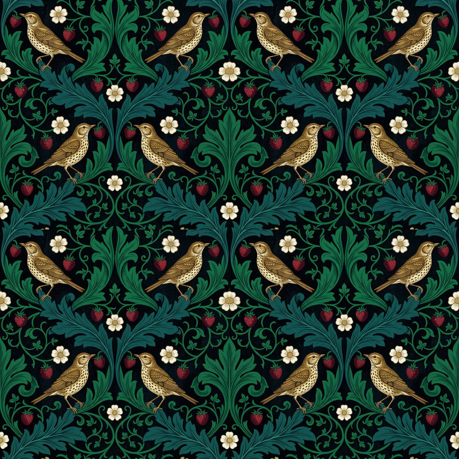 Morris's iconic Strawberry Thief reborn on a midnight black ground with jewel tones. Made to order.