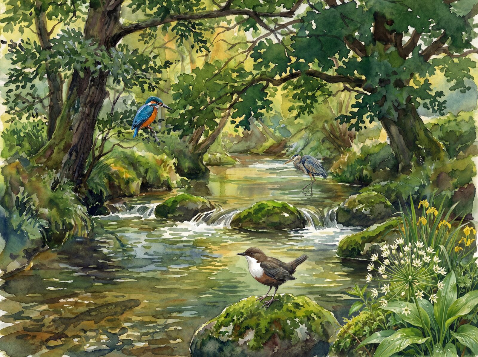 Scenic mural wallpaper featuring a serene stream, palette of greens and browns, Made to order.