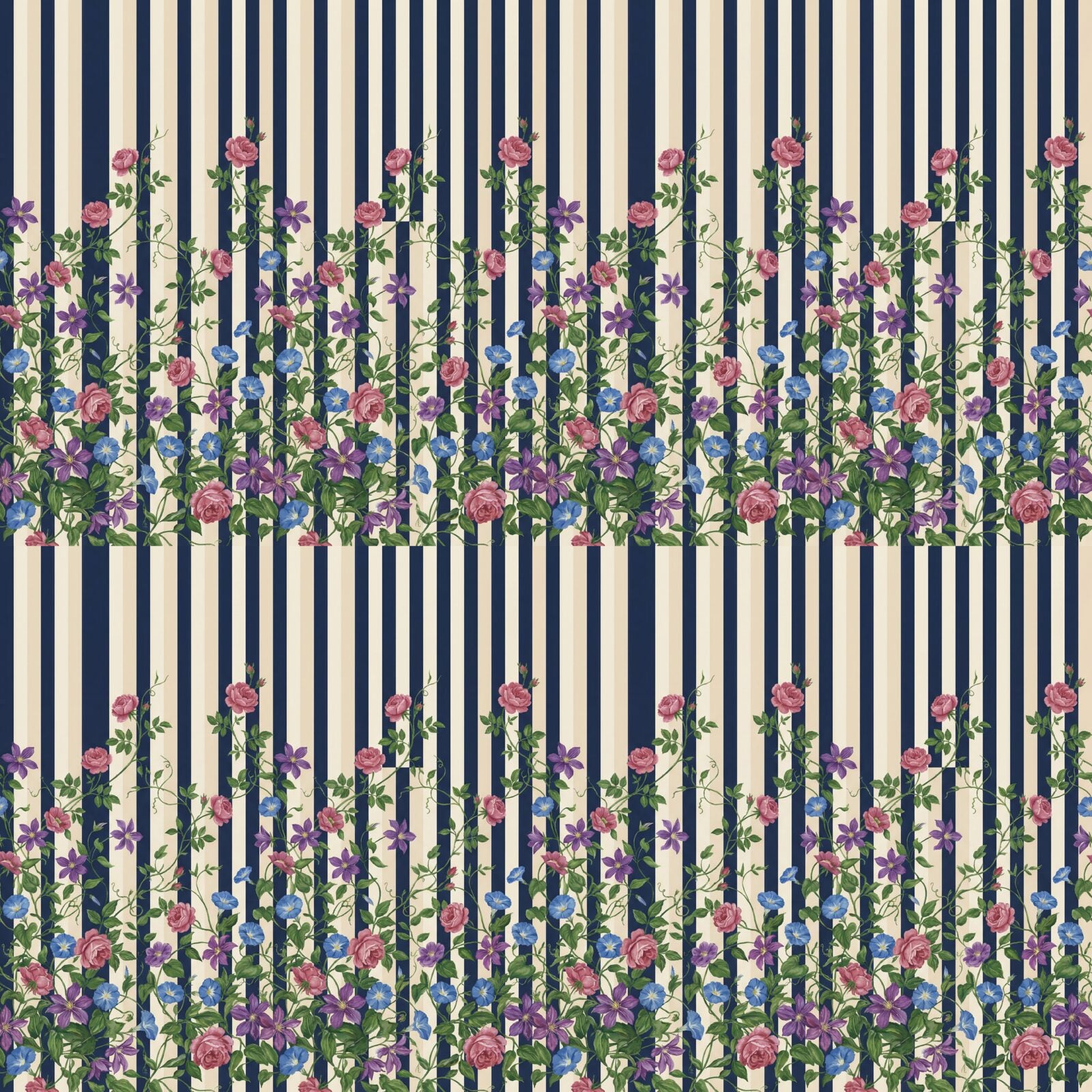 Bold vertical stripes meet climbing botanicals in a witty clash of design. Navy, cream, rose pink, and purple. Made to order.